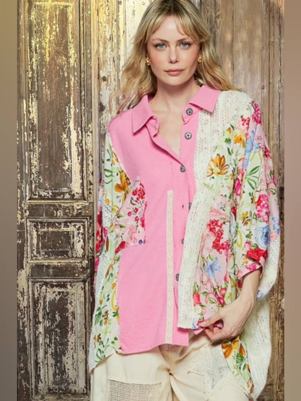 POL Pink Floral Patchwork Lace Button-Up Shirt